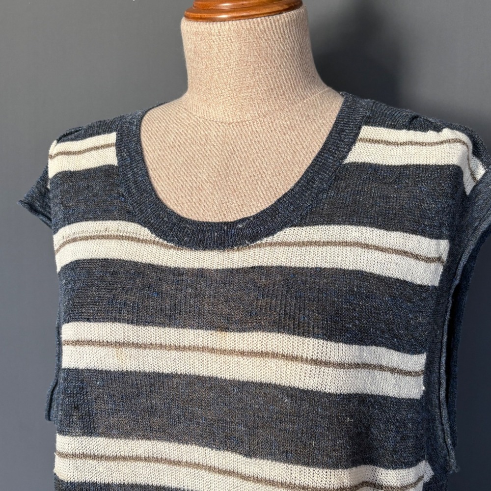 Veronica Beard Jeans Striped Linen Sweater Vest | Sz XL | Open Knit Sheer